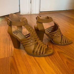 Tan block heel sandals